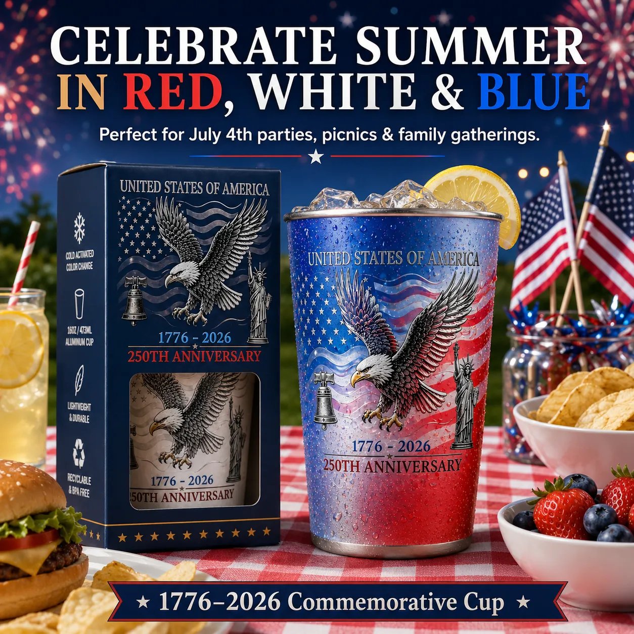 🦅🎉USA 250th Anniversary Color Changing Cup | Pour Ice-Cold Beer 🎉