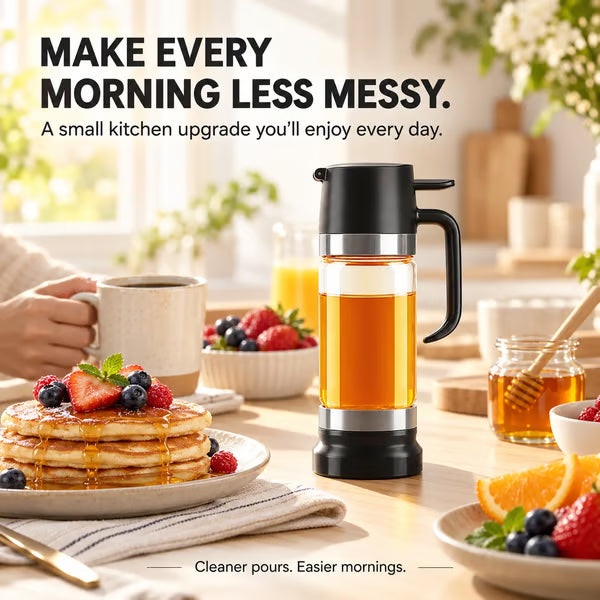 Syrup Dispenser – Press-to-Pour Glass Jar with Handle