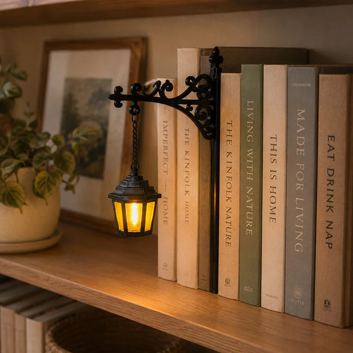 Vintage Bookshelf Lantern Light styled with classic books