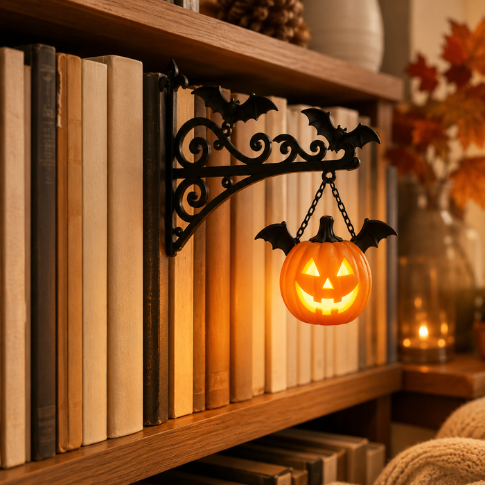 Jack-o'-Lantern Bookshelf Light for a Halloween shelf display