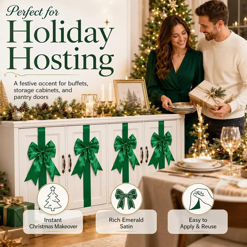 🎄Christmas Cabinet Bow & Ribbon Decor Set – Red & Green Holiday Kitchen Decorations