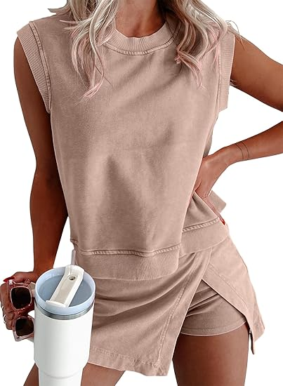 Womens Travel Outfits Summer Lounge Set Two Pieces Mineral Wash Cotton Tank Top Lined Split Athletic Skirt Set