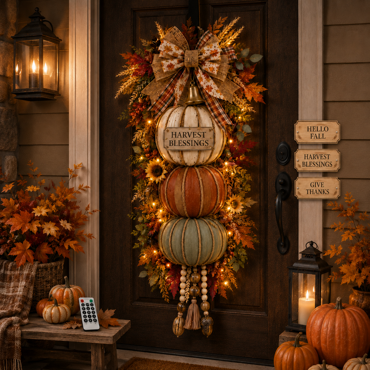 🎁 Last Day 50% OFF✨-🎄Lighted Stacked Pumpkin Fall Door Decorfor Cozy Autumn Home Entryway Charm 🍂